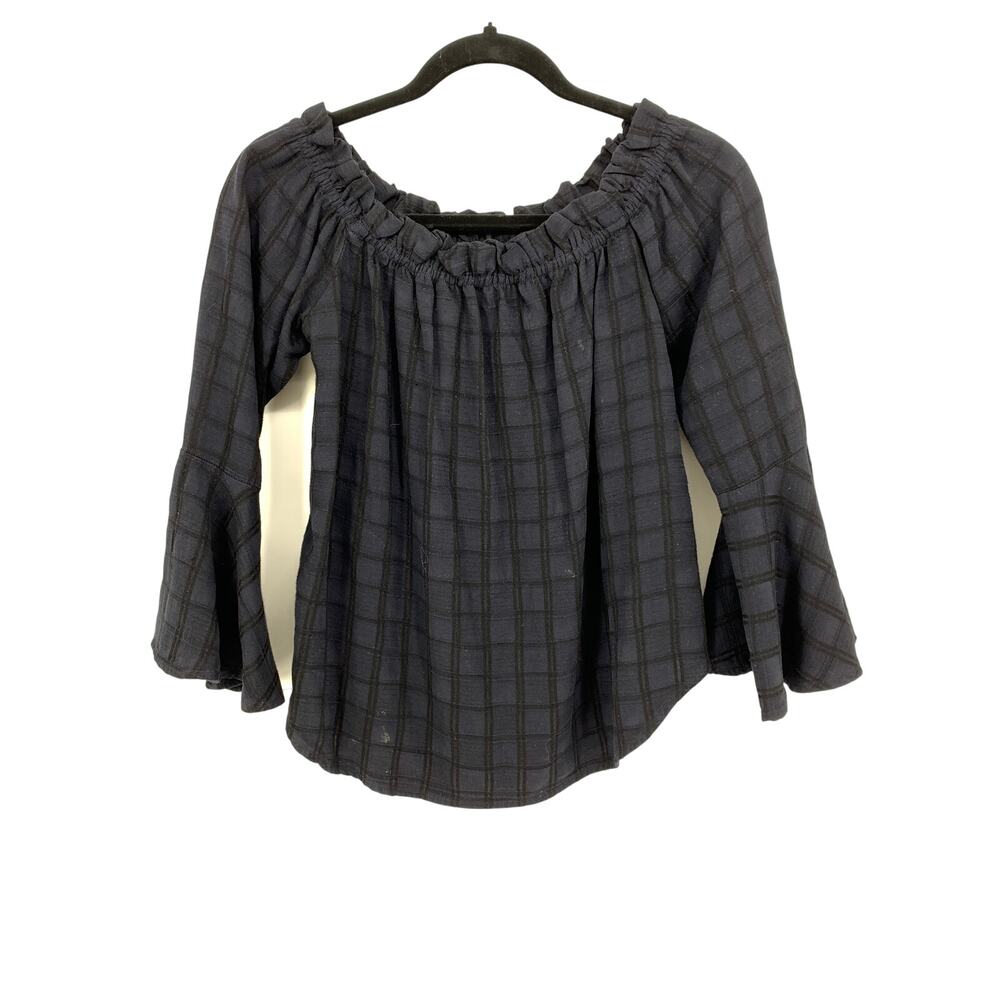 Maven West Flared Sleeve Off Shoulder Blouse Womens Sz Small Blue Black Plaid